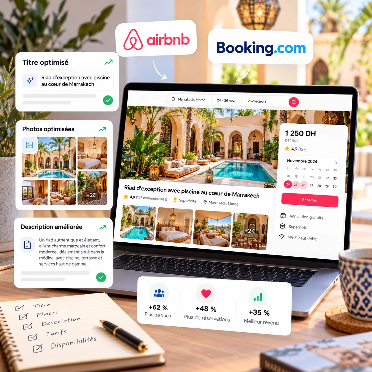 Optimisation d'une annonce Airbnb et Booking à Marrakech : amélioration des photos, titres et descriptions d'un riad.