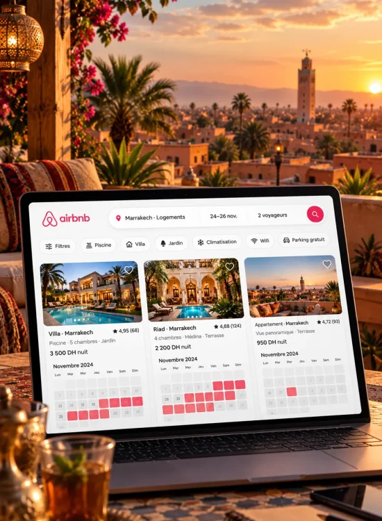 Illustration d'une annonce Airbnb à Marrakech avec un calendrier peu rempli, représentant la baisse des réservations et des revenus locatifs. Copier